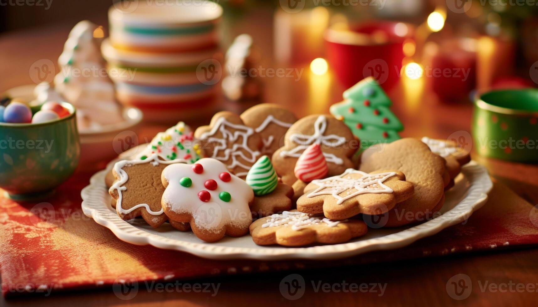 ai généré fait maison pain d'épice biscuits décorer le de fête table généré par ai photo