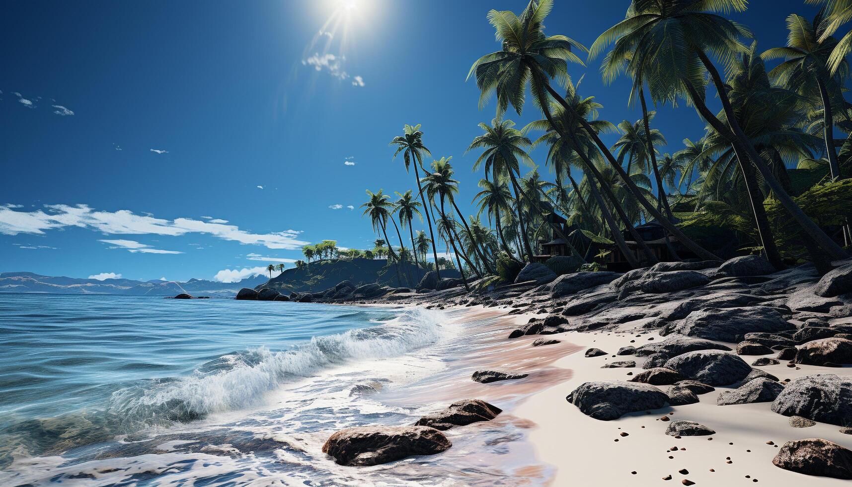 ai généré tropical coucher de soleil, paume des arbres, vagues s'écraser, serein paradis généré par ai photo