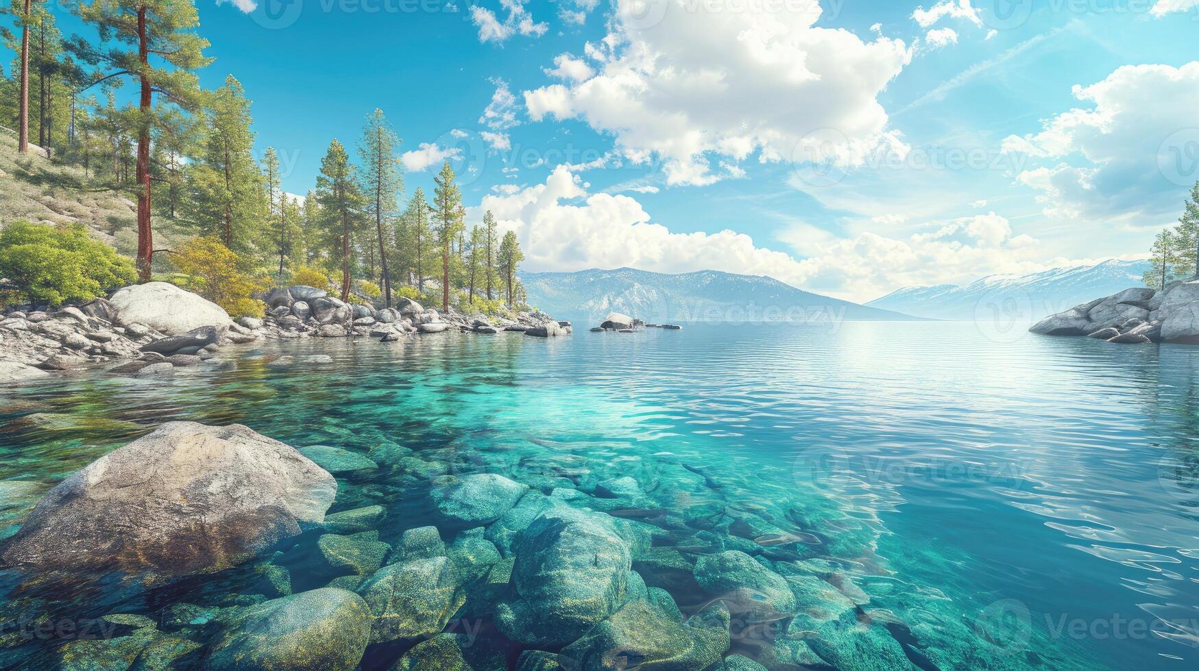 ai généré panoramique vue de le serein Montagne Lac Tahoe, où le Azur des eaux rencontrer le majestueux Montagne gamme, ai généré photo