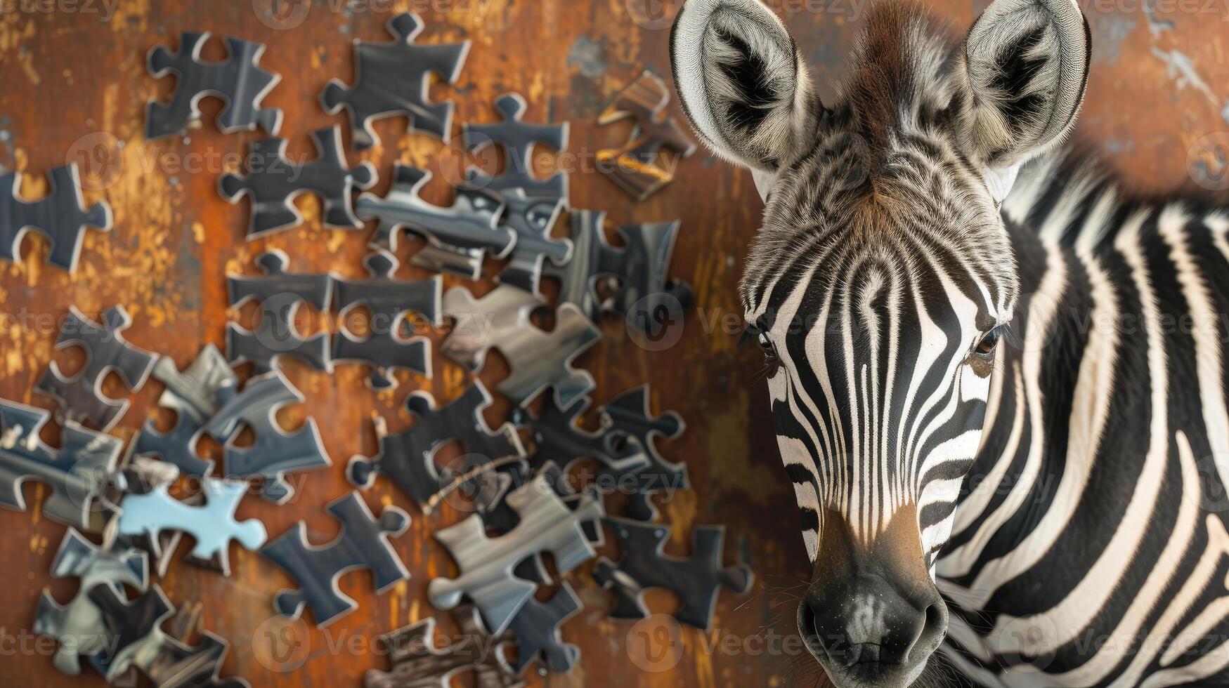 ai généré Haut vue de une mignonne zèbre concentré sur une scie sauteuse puzzle, ai généré. photo