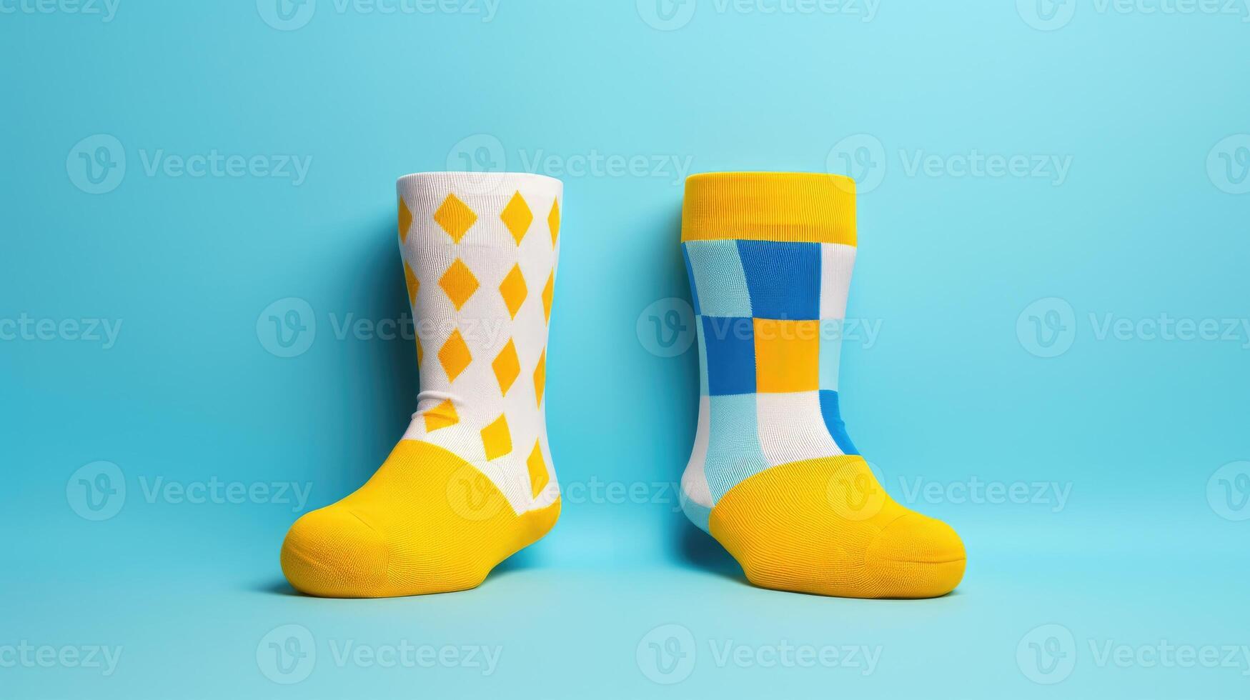 ai généré deux dépareillé chaussettes sur une coloré Jaune et lumière bleu géométrique forme arrière-plan, un ode à individualité. ai généré. photo