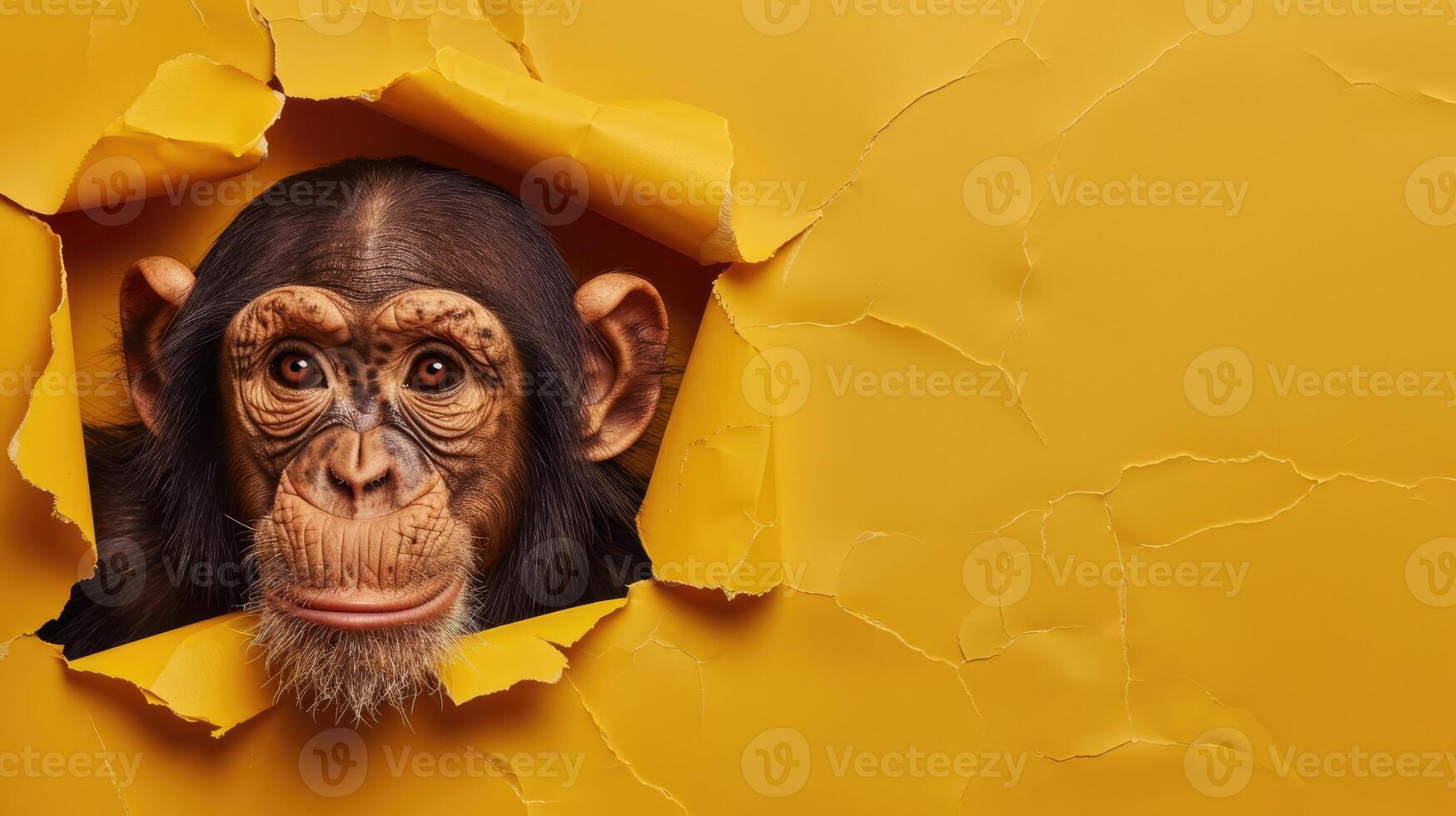 ai généré une humoristique chimpanzé pairs par une déchiré trou dans une contraste pastel Couleur papier arrière-plan, ai généré photo
