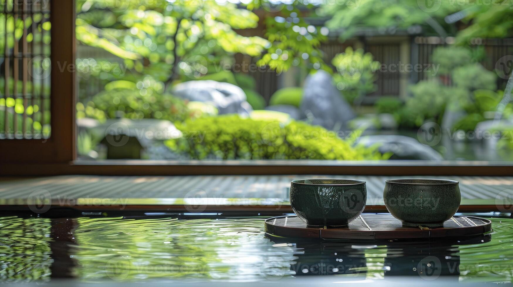 ai généré serein tradition. traditionnel Japonais thé la cérémonie ensemble dans une tranquille jardin paramètre, immergé les participants dans une culturel rituel de thé appréciation et harmonie avec la nature. photo