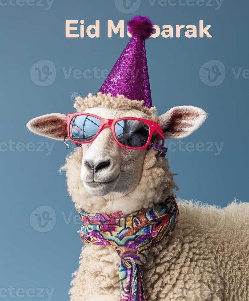 ai généré eid concept mouton portant une fête chapeau et des lunettes de soleil, avec le texte eid mubarak photo