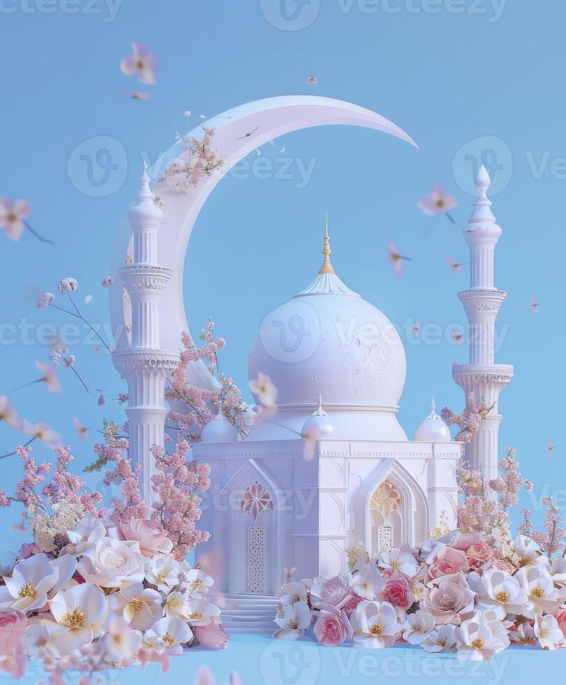 ai généré mosquée et lune avec fleurs contre bleu Contexte photo