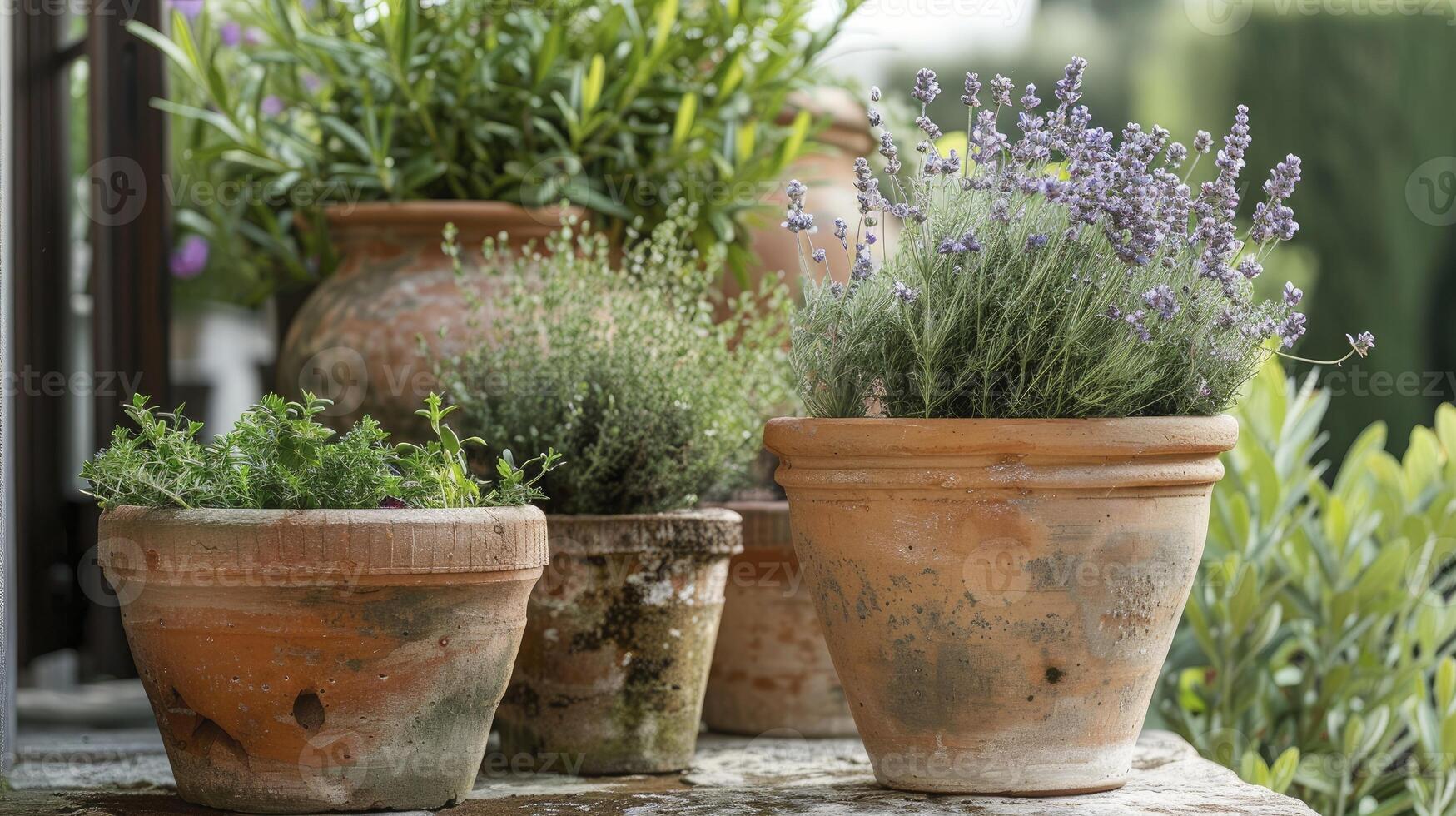 ai généré à base de plantes havre. création une jardin oasis par organiser herbes dans rustique terre cuite marmites. photo