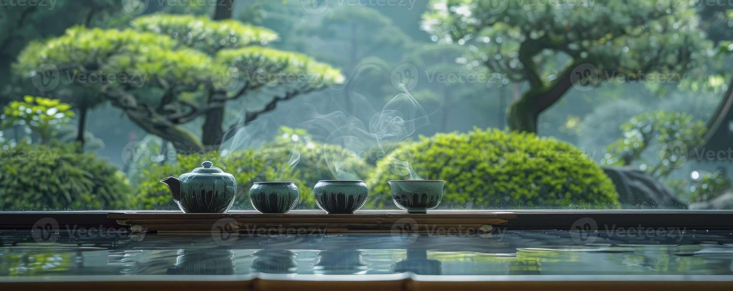 ai généré serein tradition. traditionnel Japonais thé la cérémonie ensemble dans une tranquille jardin paramètre, immergé les participants dans une culturel rituel de thé appréciation et harmonie avec la nature. photo