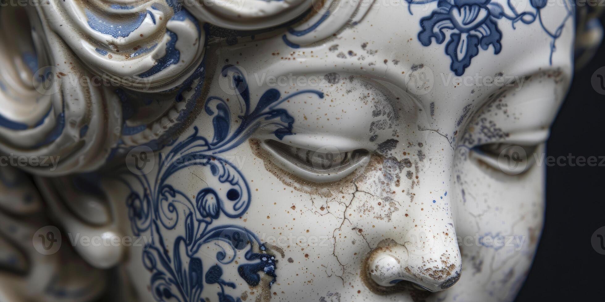 ai généré baroque élégance. sculpté femelle figure orné avec surface bleu et blanc porcelaine motifs, exsudant intemporel beauté et la grâce. photo