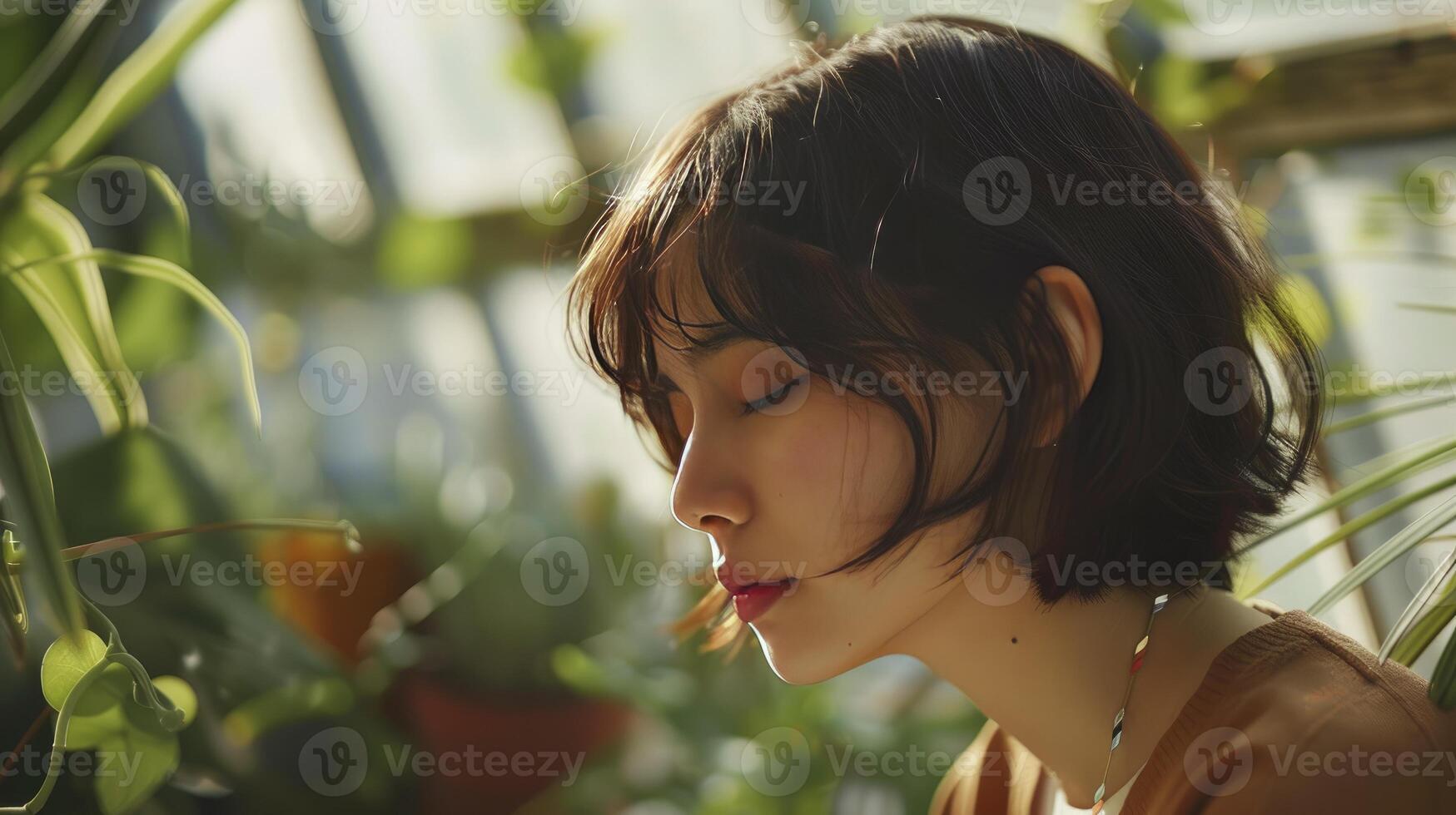 ai généré serein contemplation. une jeune, magnifique fille pose avec tête s'inclina, court cheveux encadrement sa affronter, au milieu de le verdure de une serre. photo