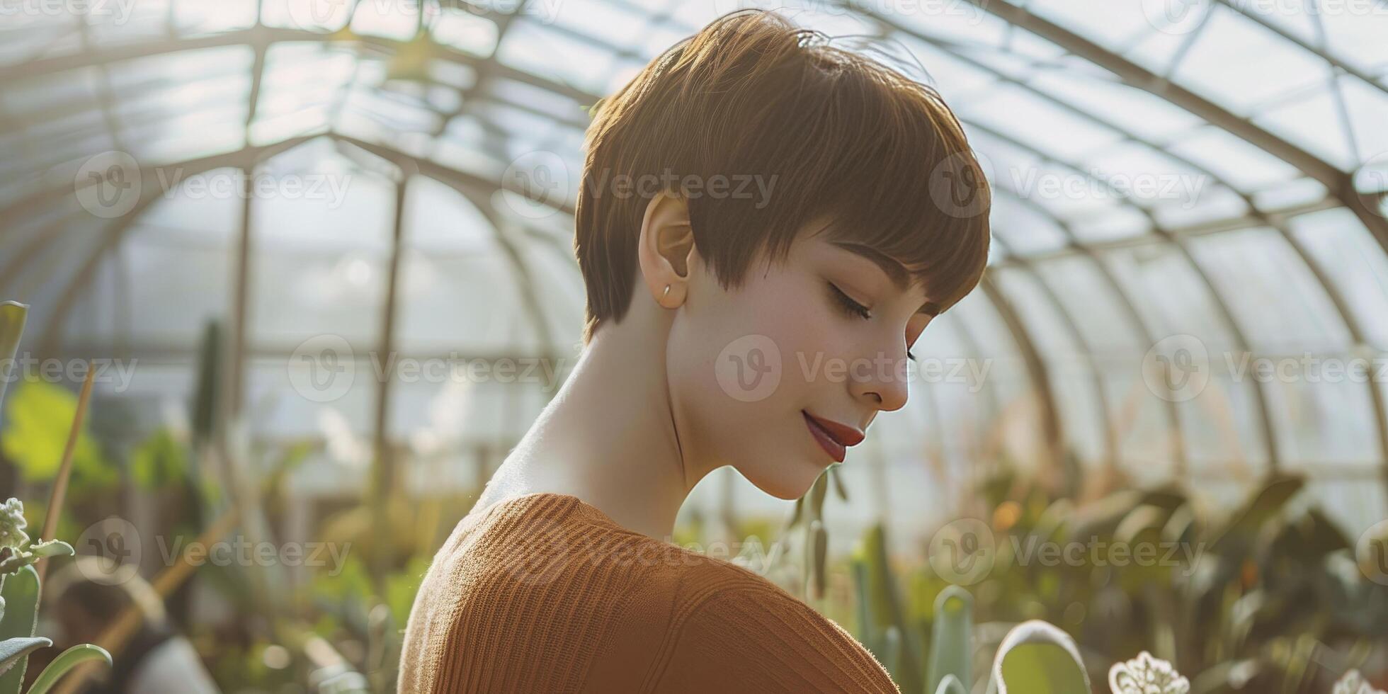 ai généré serein contemplation. une jeune, magnifique fille pose avec tête s'inclina, court cheveux encadrement sa affronter, au milieu de le verdure de une serre. photo