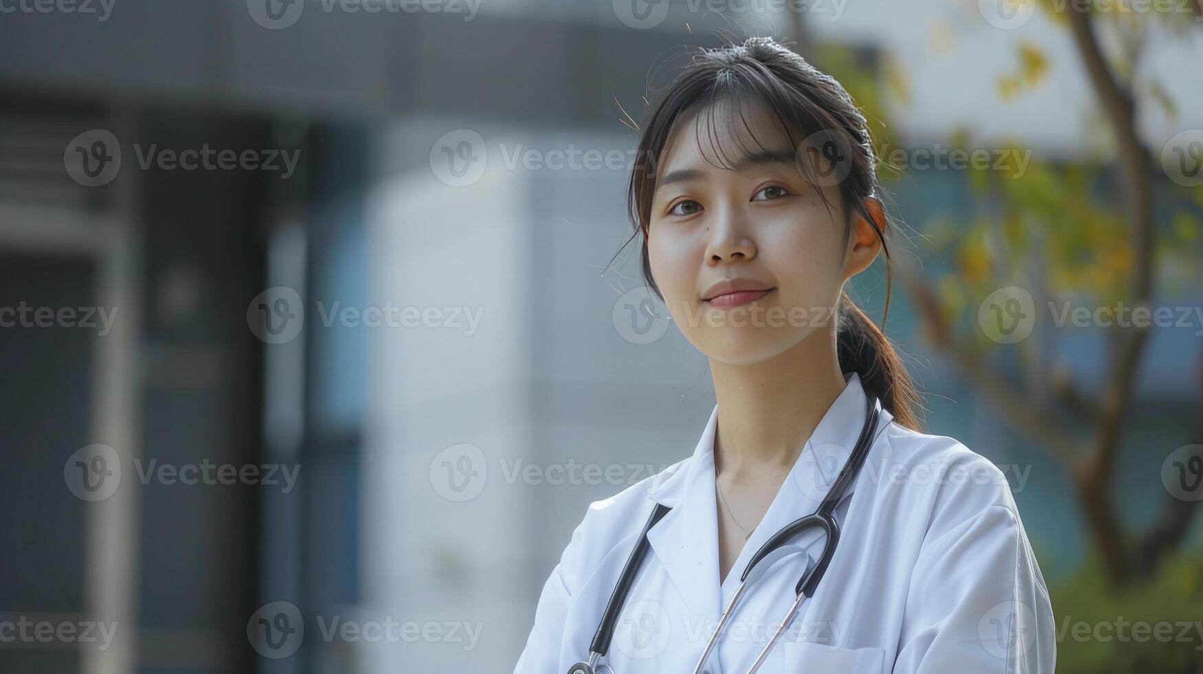 ai généré Jeune asiatique médecin femme. une portrait de professionnalisme et la compassion dans soins de santé. photo