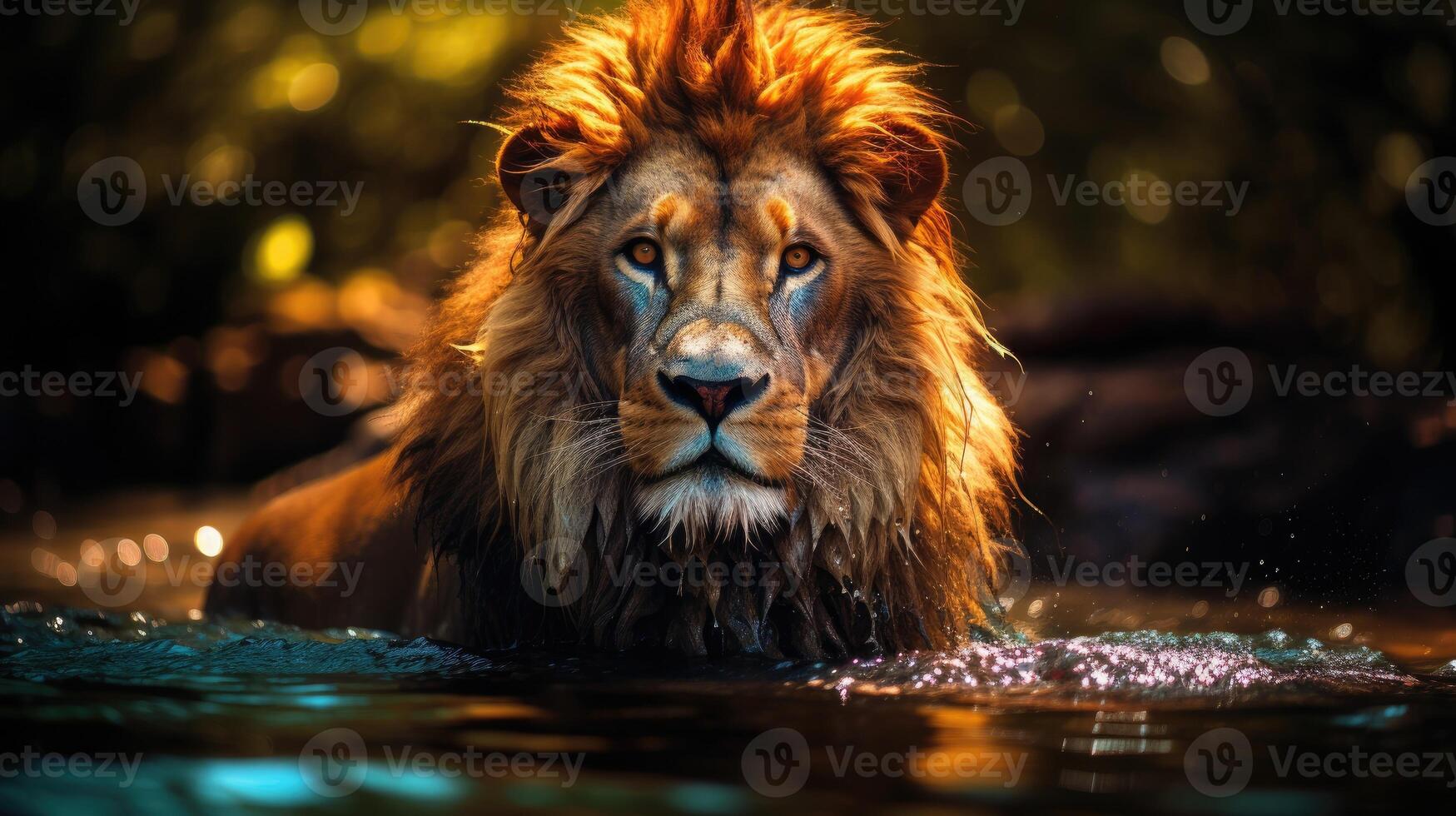 ai généré Lion avec yeux deux fois comme grand, orné dans arc en ciel couleurs sur tous les deux côtés, ai généré. photo