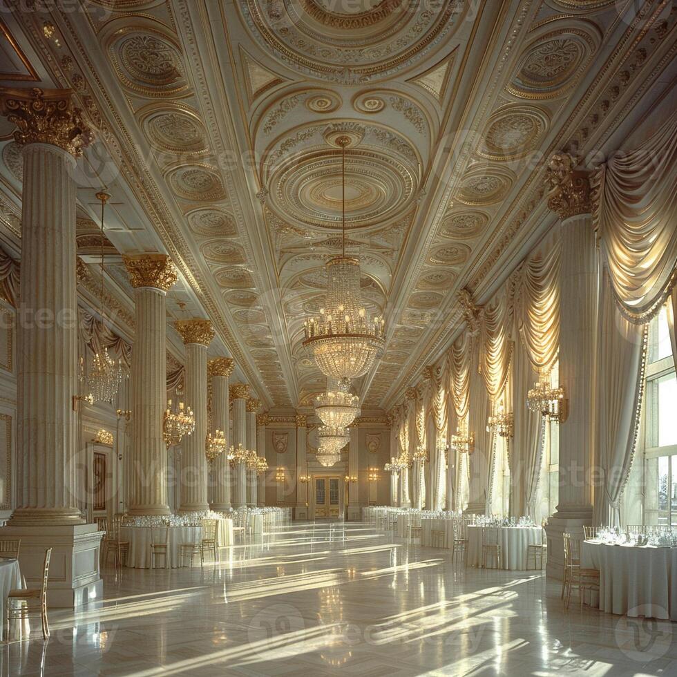 ai généré royal salle de bal avec fleuri détails haute plafonds photo