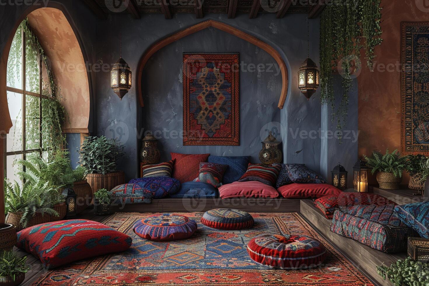 ai généré traditionnel marocain vivant pièce avec riches textiles lanternes photo