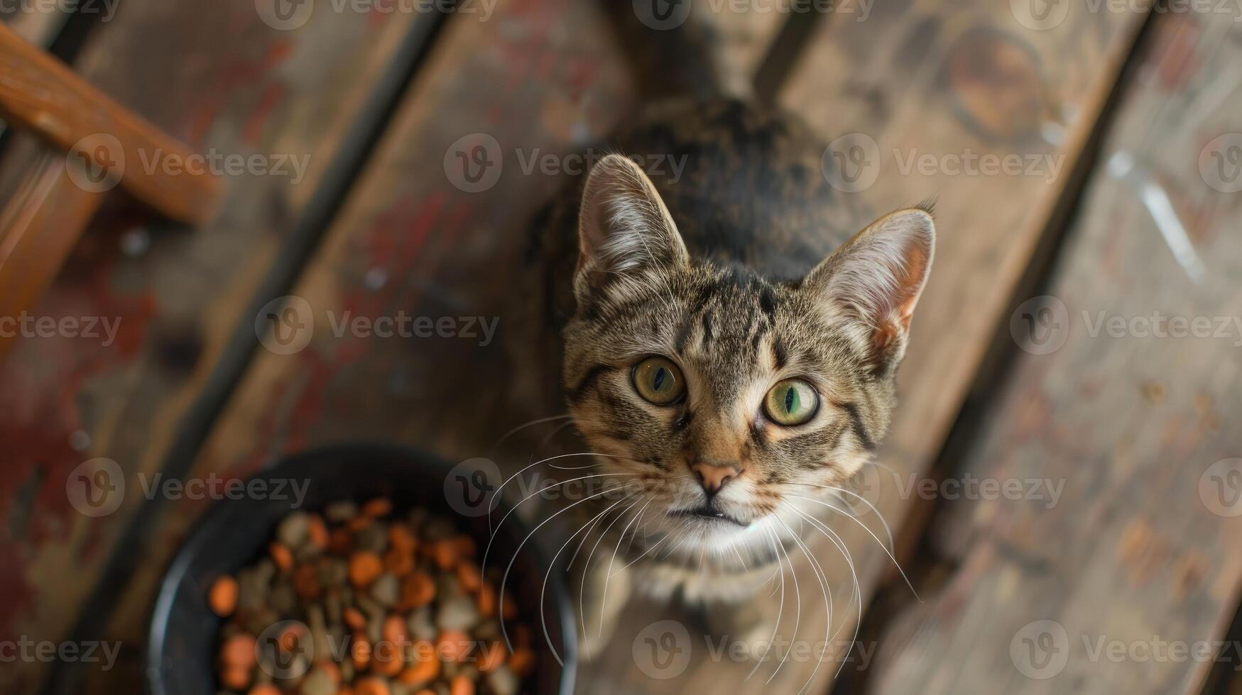 ai généré curieuse chat près bol regards vers le haut, ai généré photo