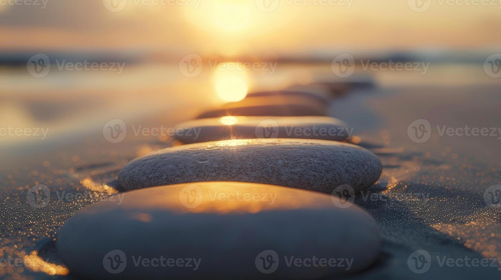 ai généré suivre le Zen chemin de des pierres sur une grand écran coucher de soleil, une tranquille périple dans le calmant embrasse de la nature. ai généré. photo