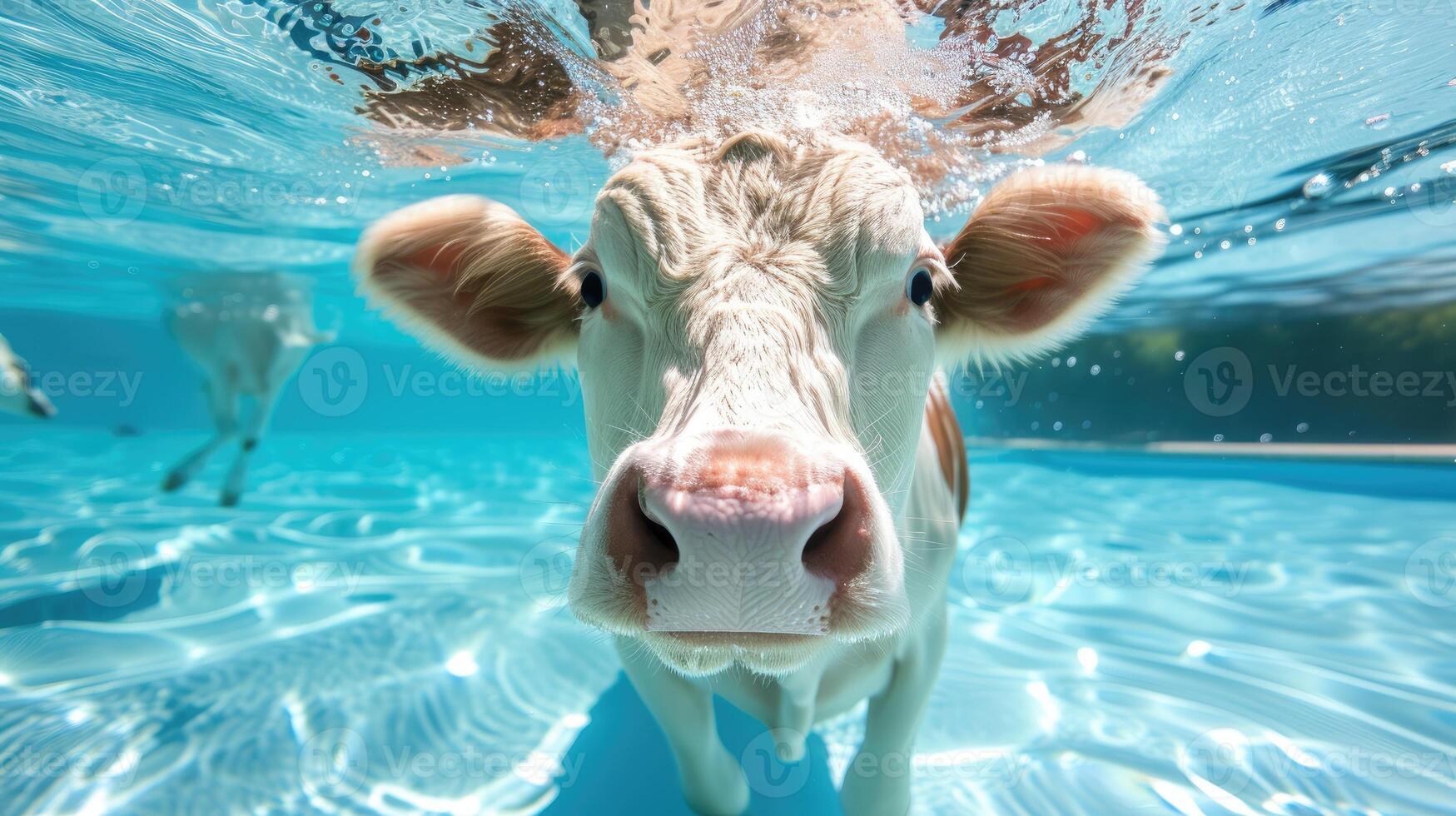 ai généré hilarant sous-marin scène vache dans bassin pièces Profond se plonger action, ai généré. photo