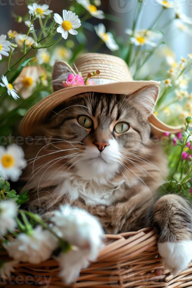 ai généré mignonne duveteux chat dans chapeau avec Frais printemps fleurs photo