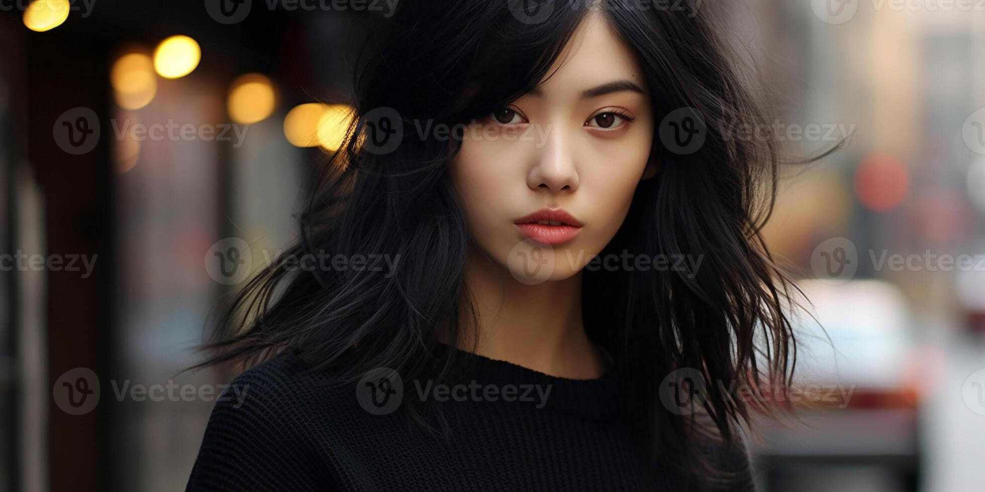 ai généré photoréaliste portrait de une Jeune asiatique femelle modèle contre une ville Contexte photo