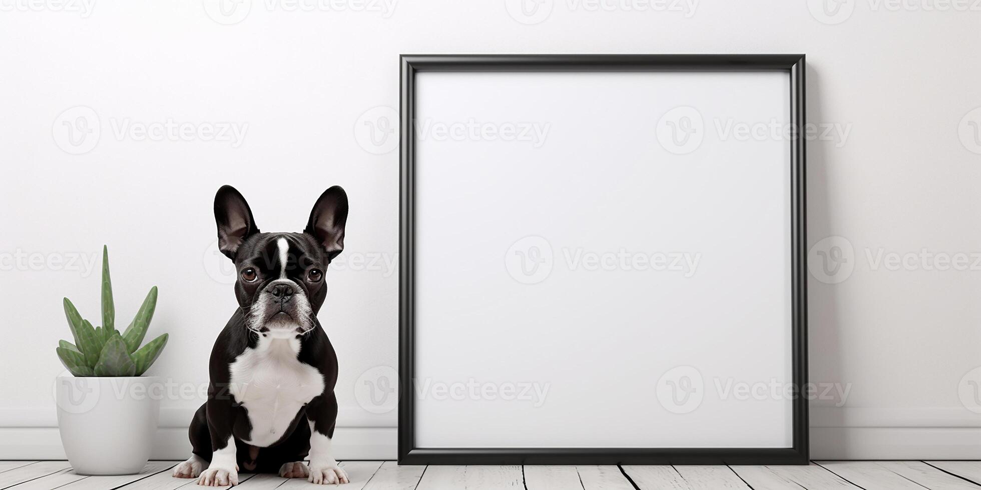 ai généré maquette, une image dans une Cadre des stands sur le sol, contre le Contexte de une blanc mur suivant à une mignonne français bouledogue chien. minimaliste intérieur photo