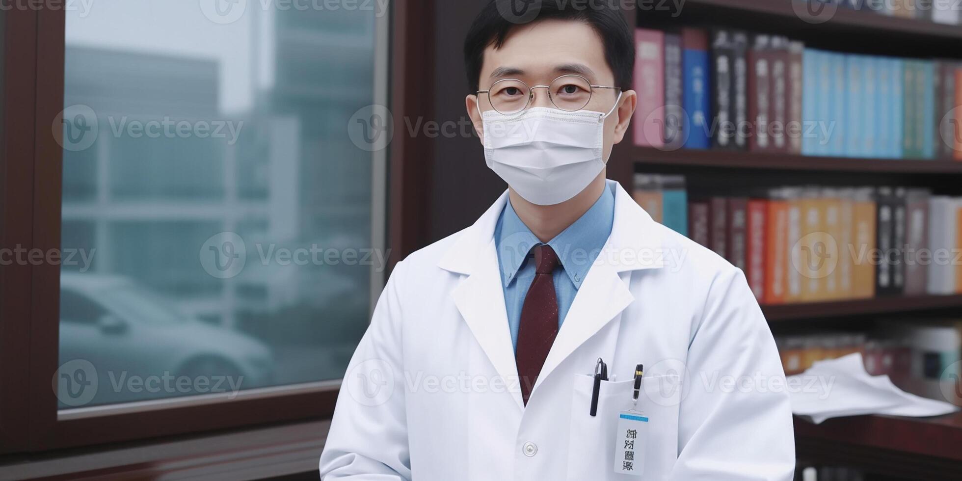 ai généré portrait de un asiatique médecin dans une hôpital couloir. photo
