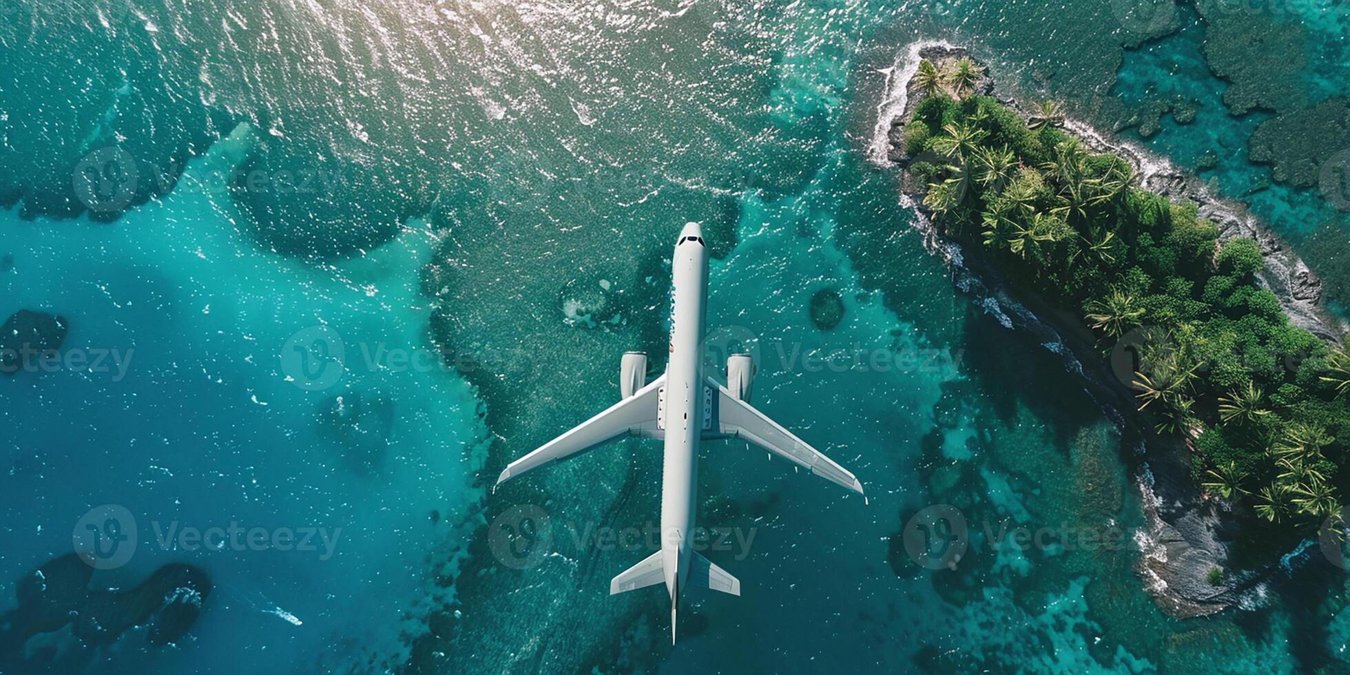 ai généré Haut vers le bas vue de une blanc avion en volant plus de le bleu mer et îles. vacances concept photo