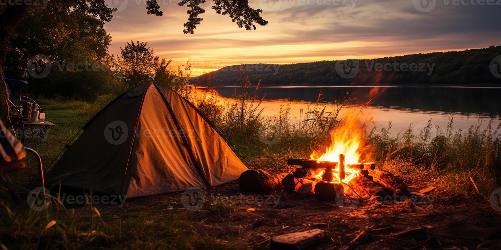 ai généré photoréaliste le rendu de pendant la nuit camping sur le plage. camping photo