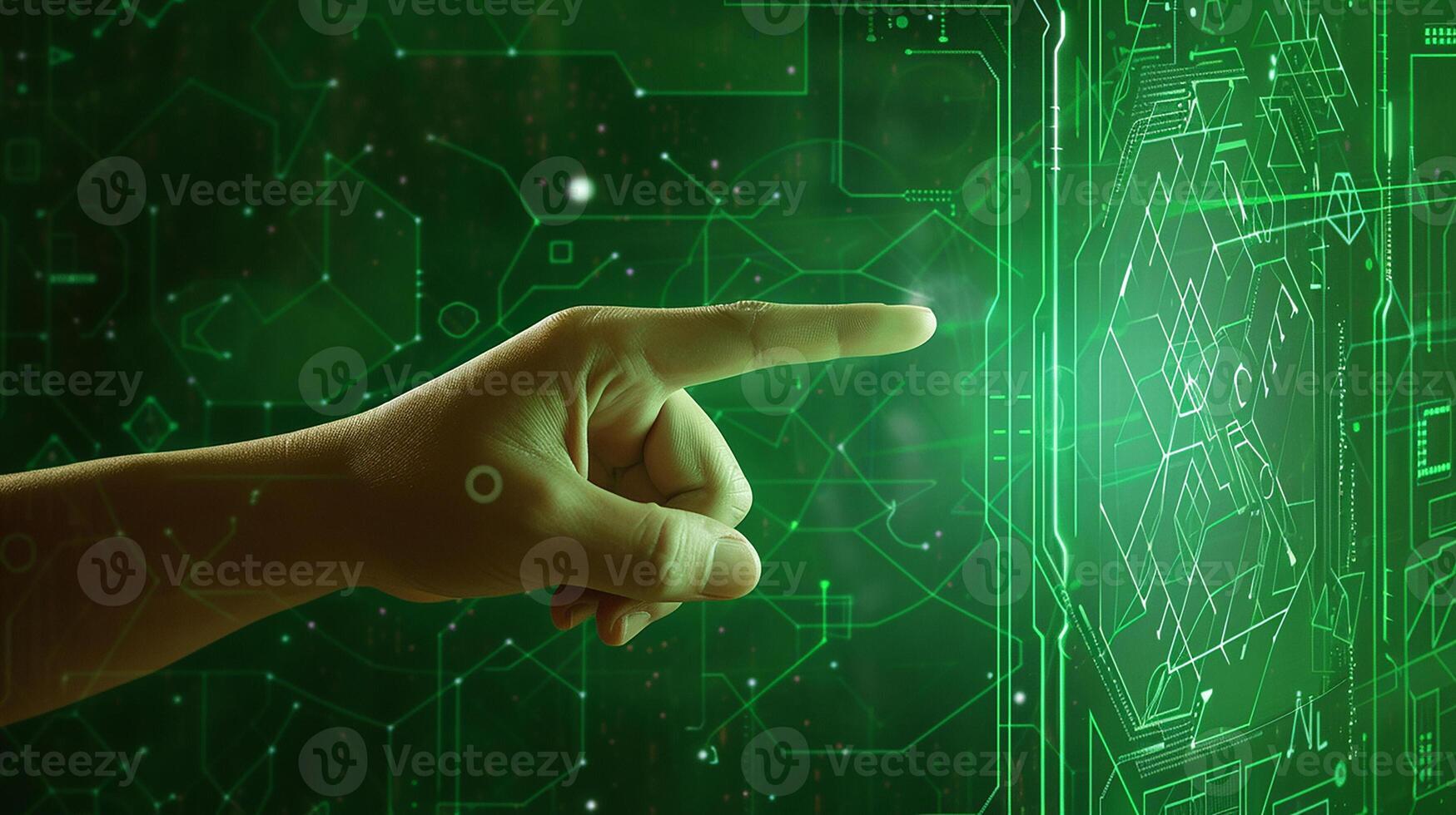 ai généré fermer de une personne main interagir avec une vert holographique interface. photo