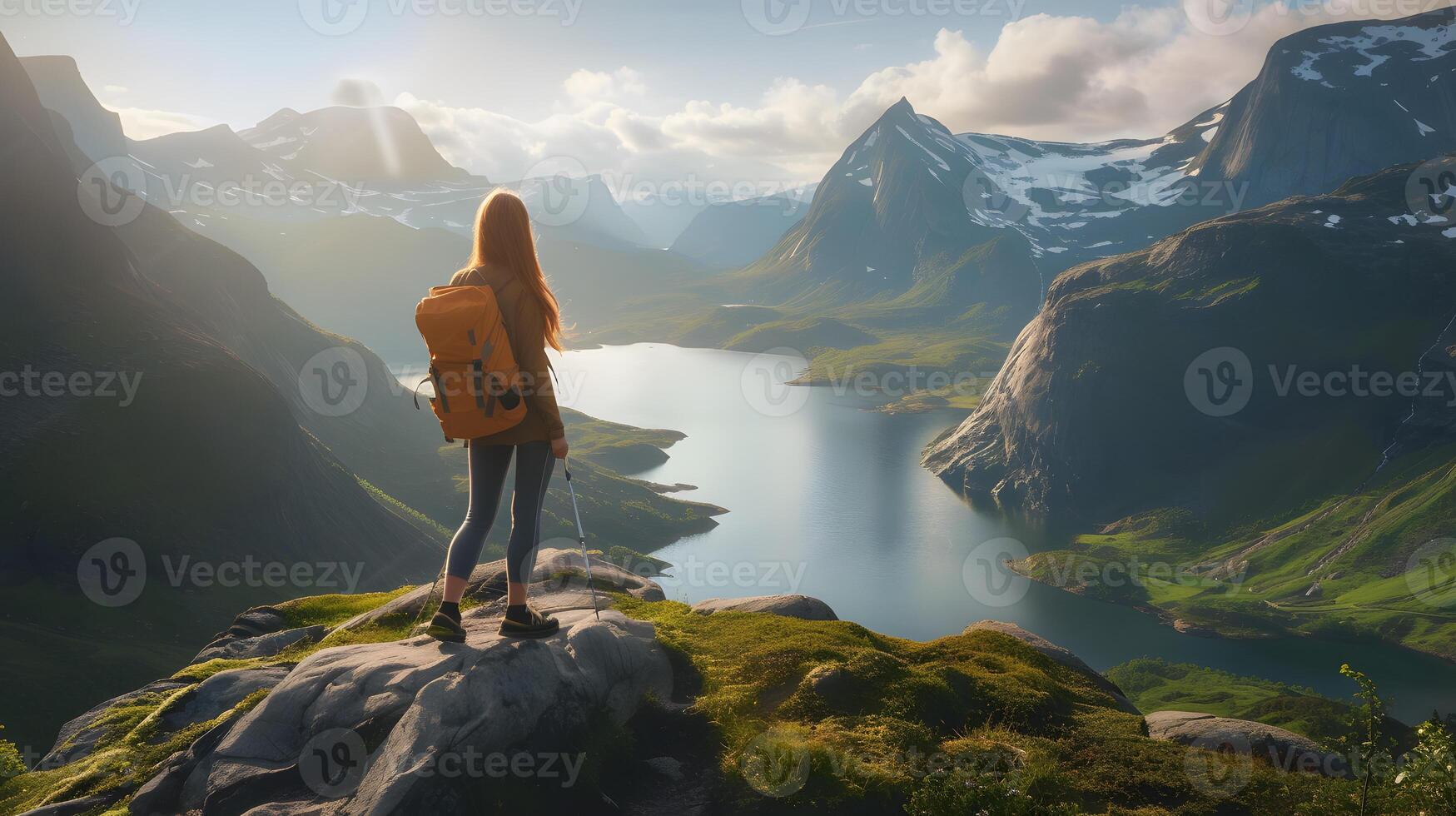 ai généré la personne permanent sur le bord de une falaise surplombant une Montagne paysage photo