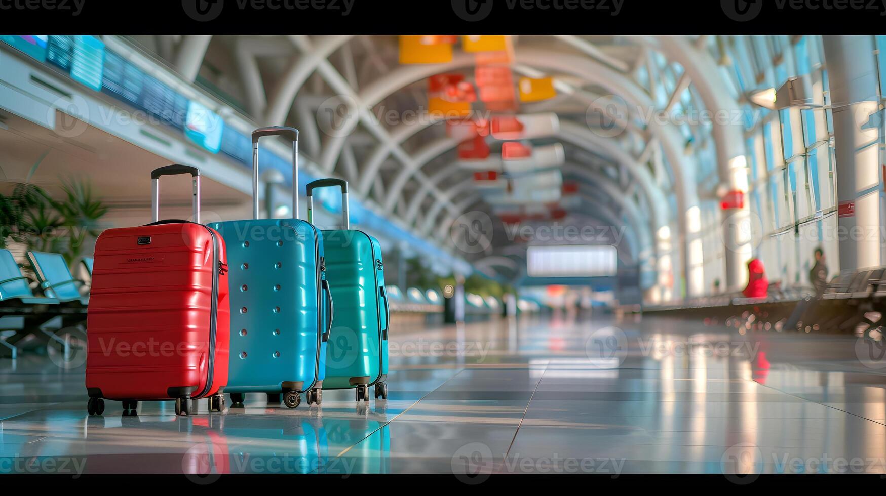 ai généré le aéroport bâtiment a vivement coloré bagage Sacs. le Contexte est flou. photo