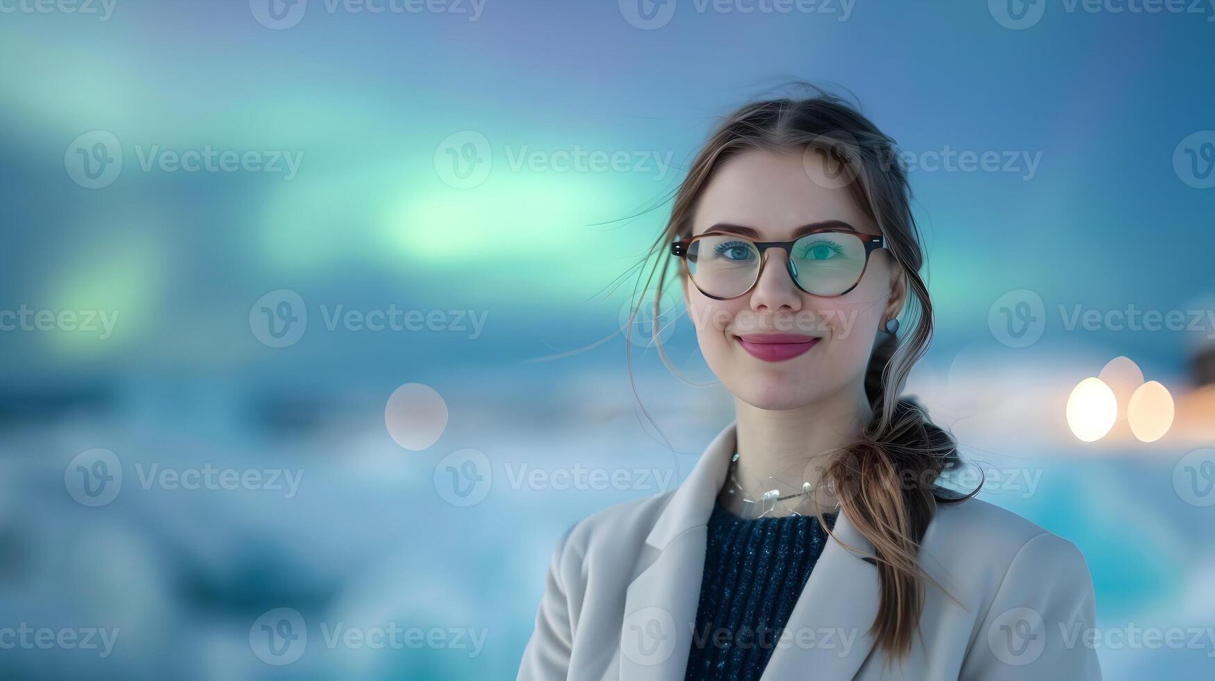 ai généré radiant femme d'affaires dégage résistance et la convivialité contre Stupéfiant Arctique nord lumières horizon photo