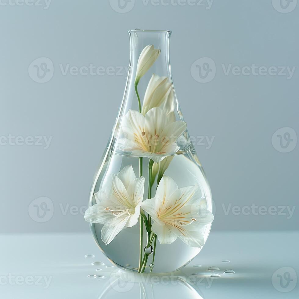 ai généré blanc alstroemeria fleurs dans une verre vase sur une blanc Contexte photo