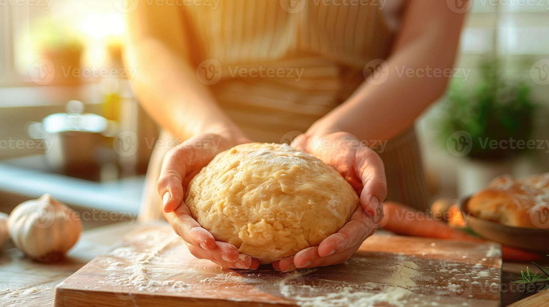 ai généré femme pétrissage pâte dans cuisine. fermer de femelle mains photo