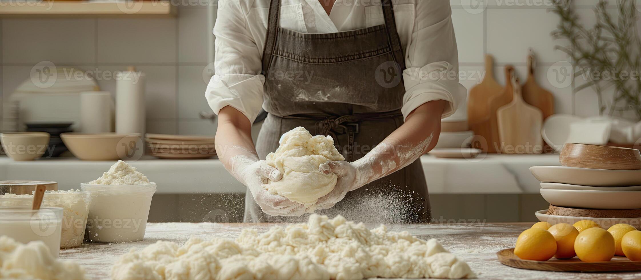 ai généré femme pétrissage pâte dans le cuisine. fermer. photo