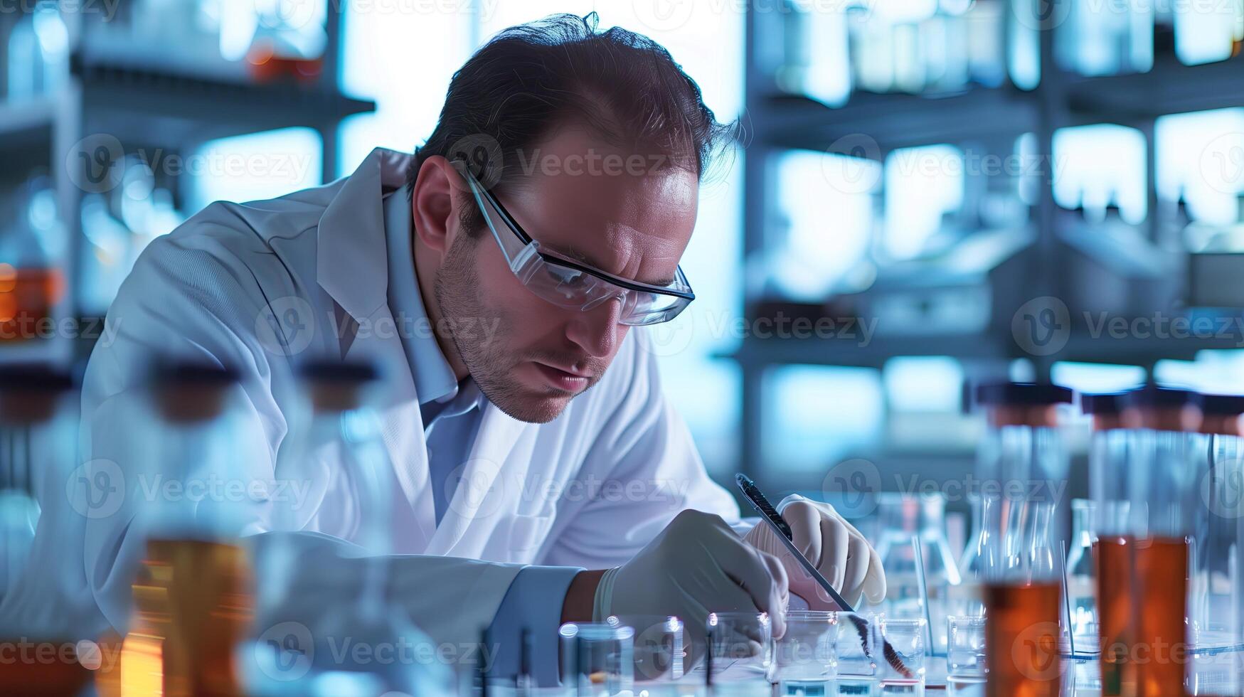 ai généré scientifique travail dans laboratoire. Jeune homme dans laboratoire manteau et lunettes. photo