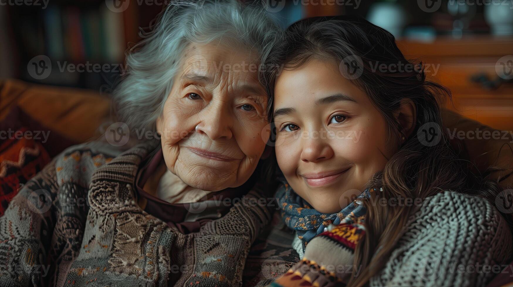 ai généré portrait de une mignonne peu fille et sa grand-mère à maison. photo