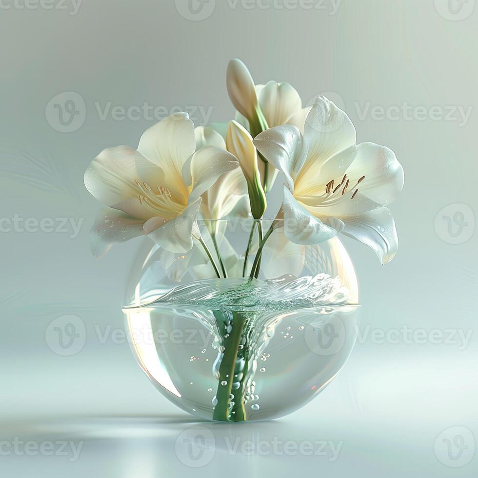 ai généré blanc lis fleurs dans une verre vase sur une lumière Contexte photo