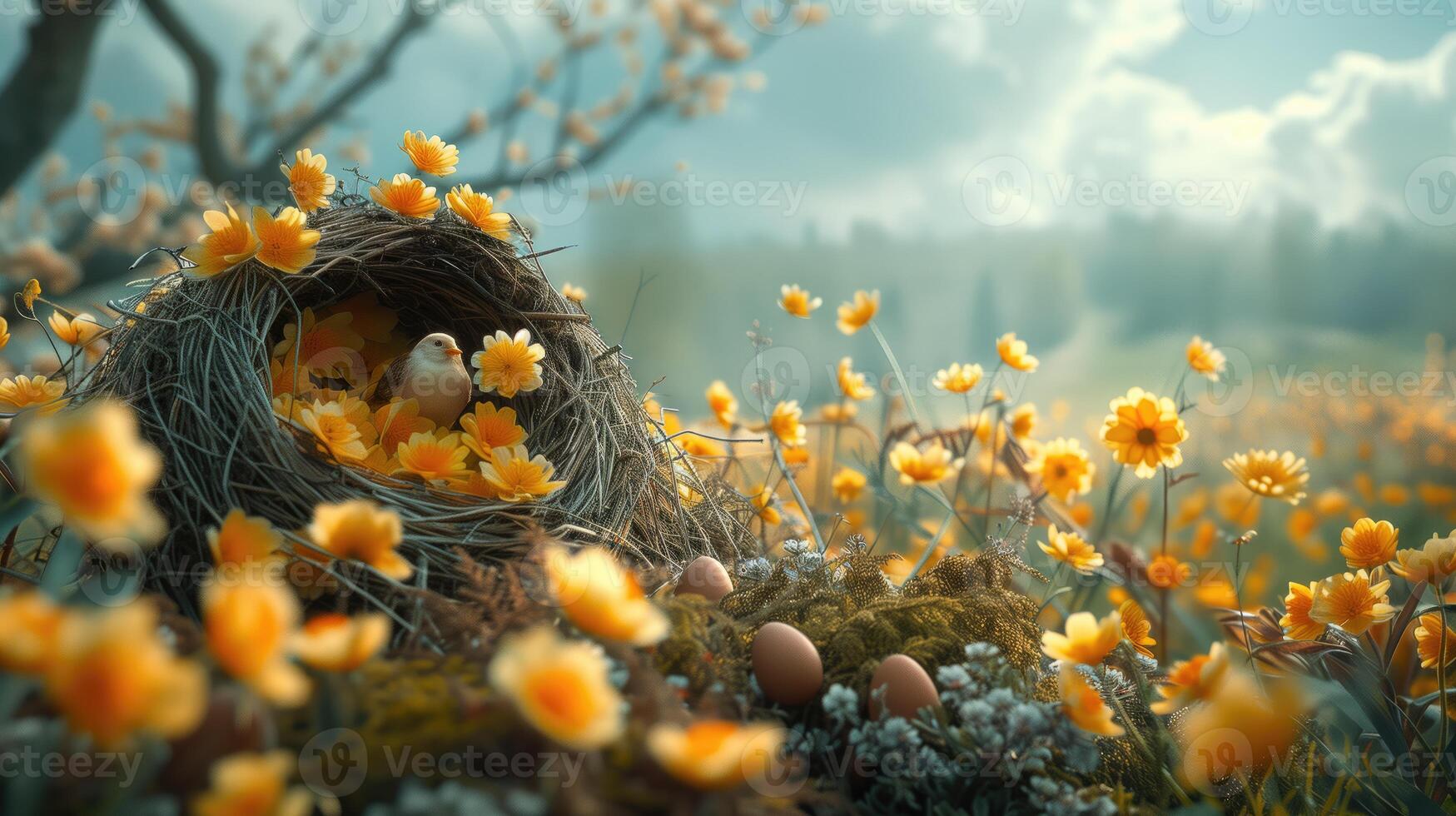 ai généré Pâques des œufs dans une des oiseaux nid sur une Contexte de Jaune fleurs photo
