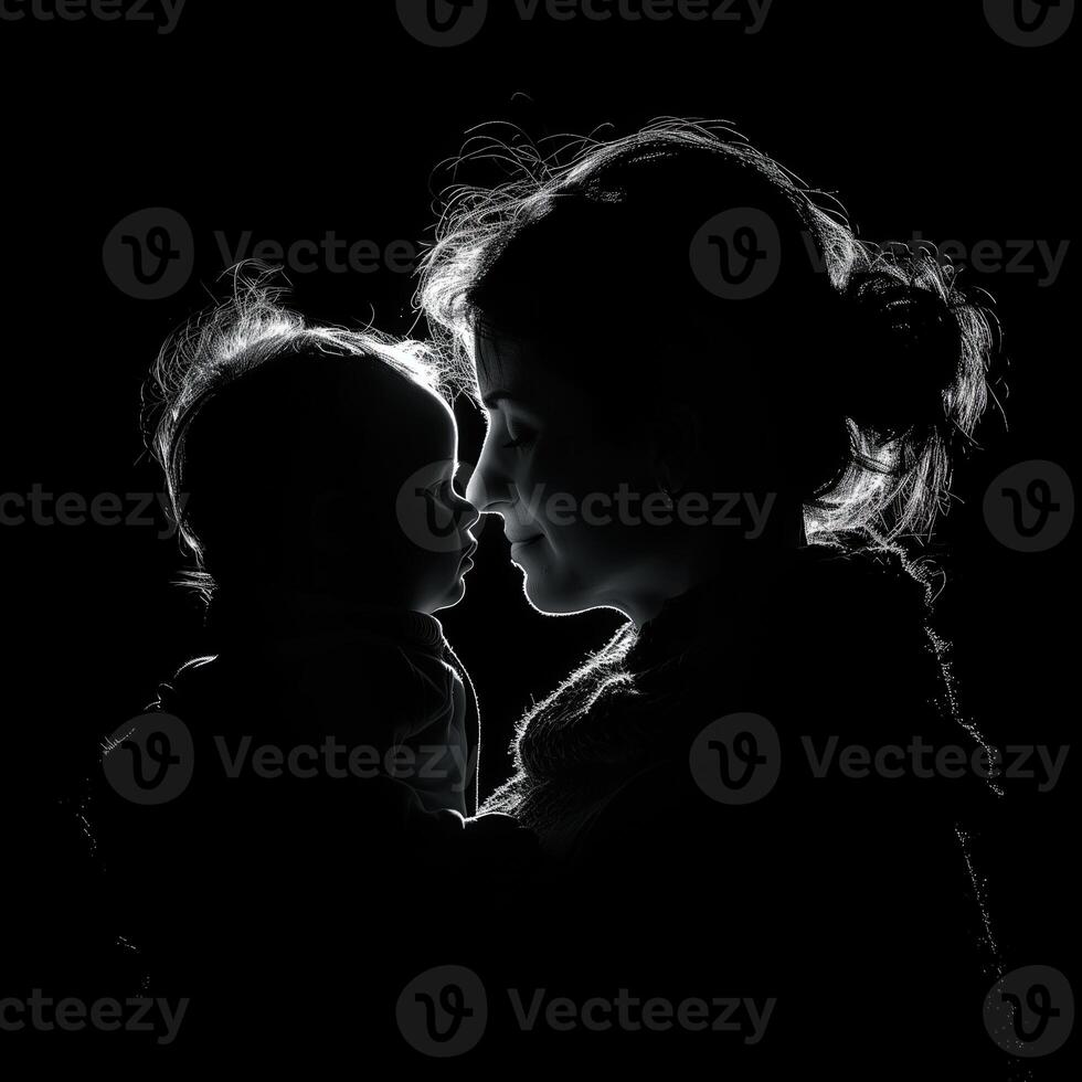 ai généré silhouette de une mère et sa fille sur une noir Contexte. de la mère journée photo