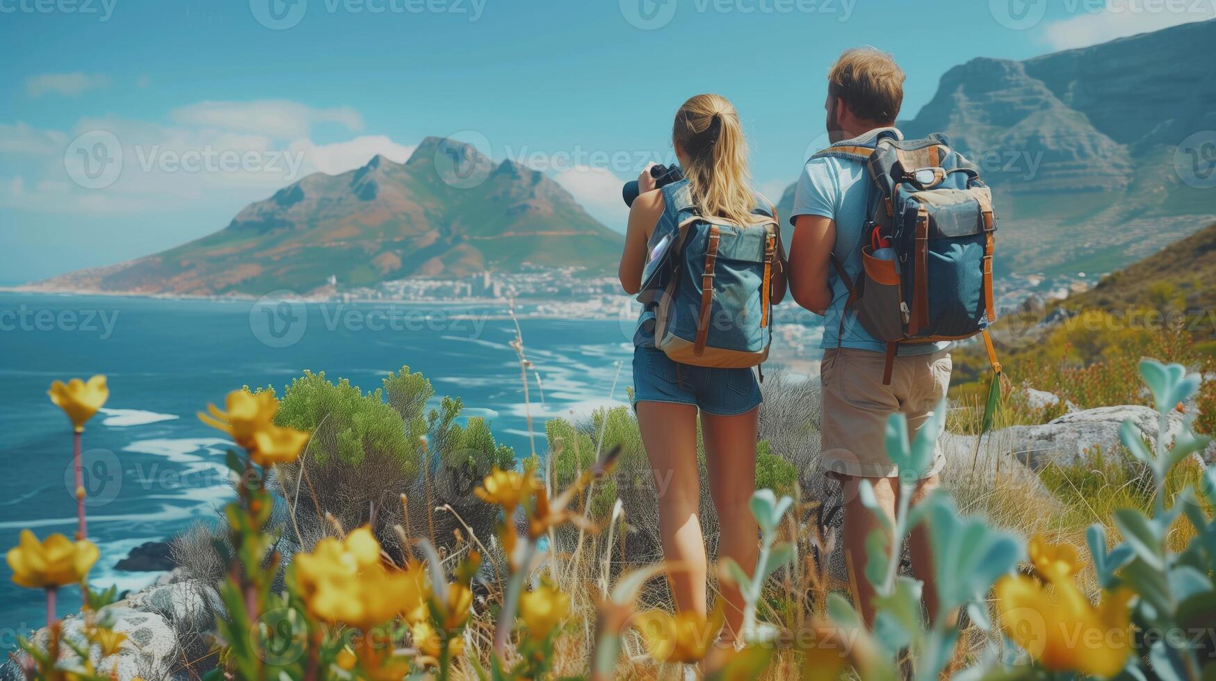 ai généré couple de les voyageurs avec sacs à dos permanent sur Haut de une Montagne et à la recherche à le mer photo