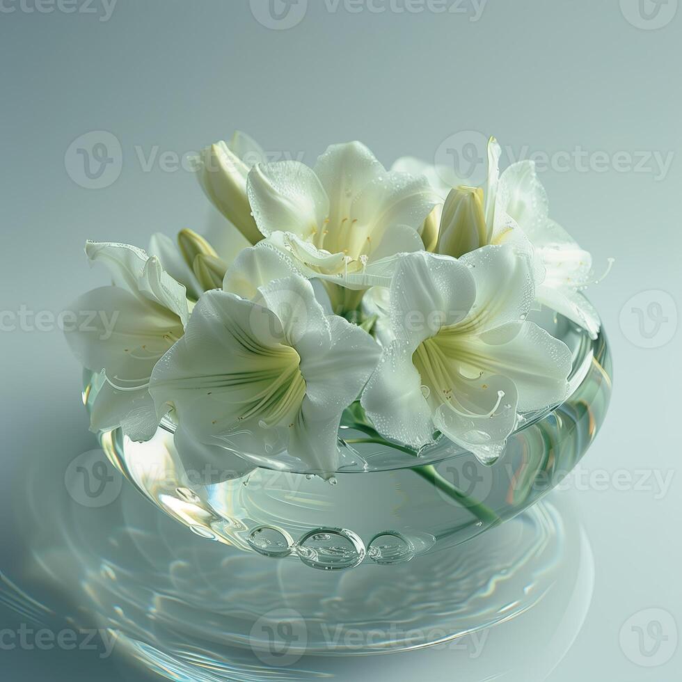 ai généré blanc freesia fleurs dans une verre bol avec l'eau ondulations photo