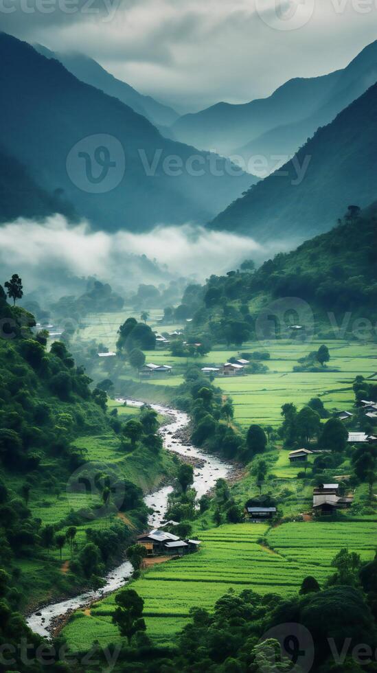 ai généré le montagnes sont couvert dans vert végétation et brouillard photo