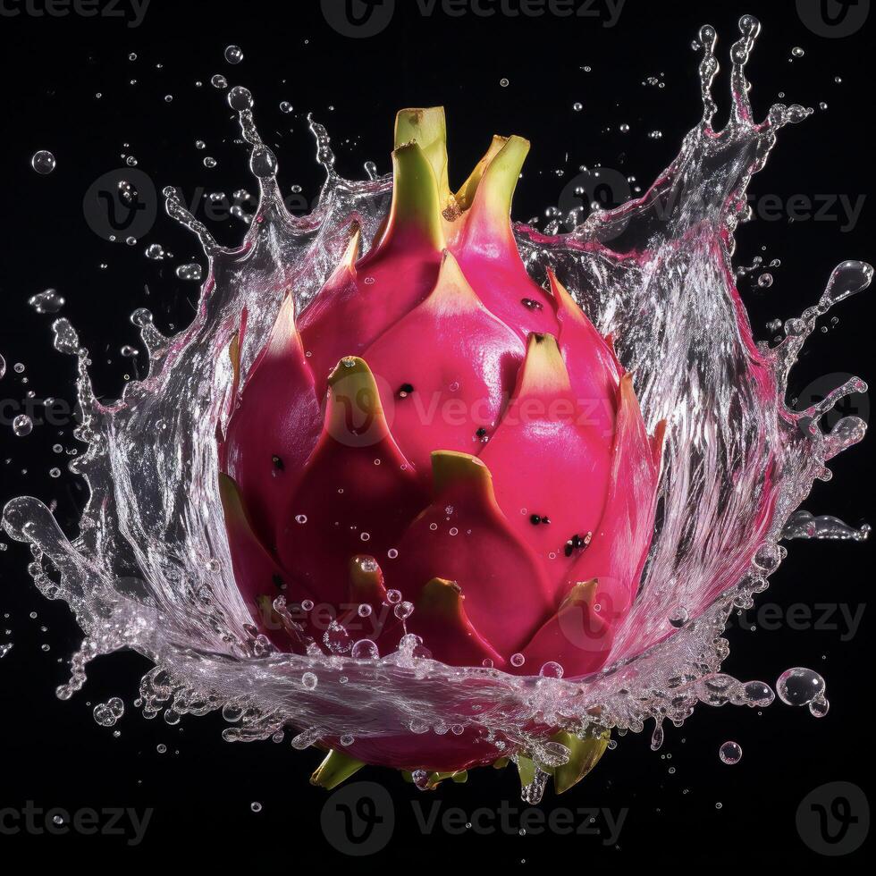 ai généré une dragon fruit est éclabousser l'eau photo