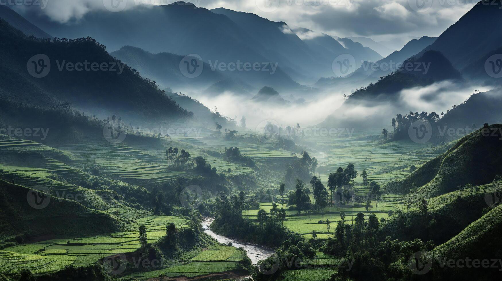 ai généré le montagnes sont couvert dans vert végétation et brouillard photo