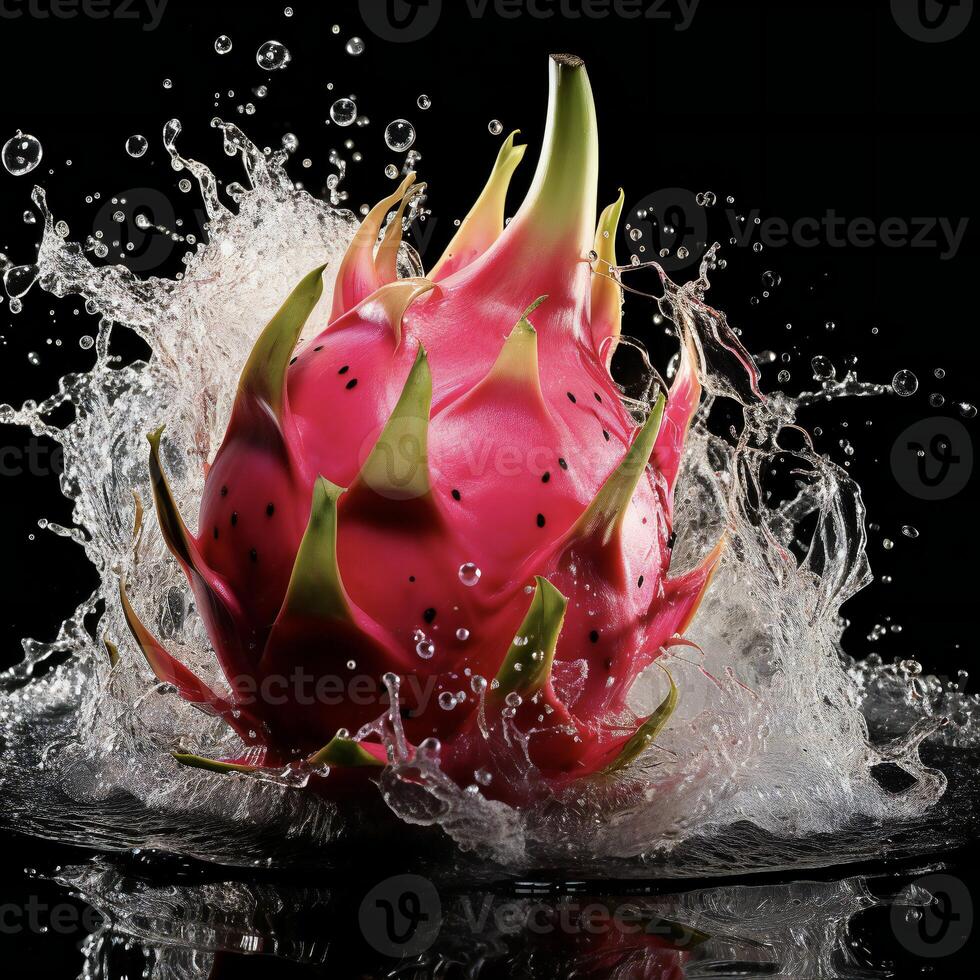 ai généré une dragon fruit est éclabousser l'eau photo