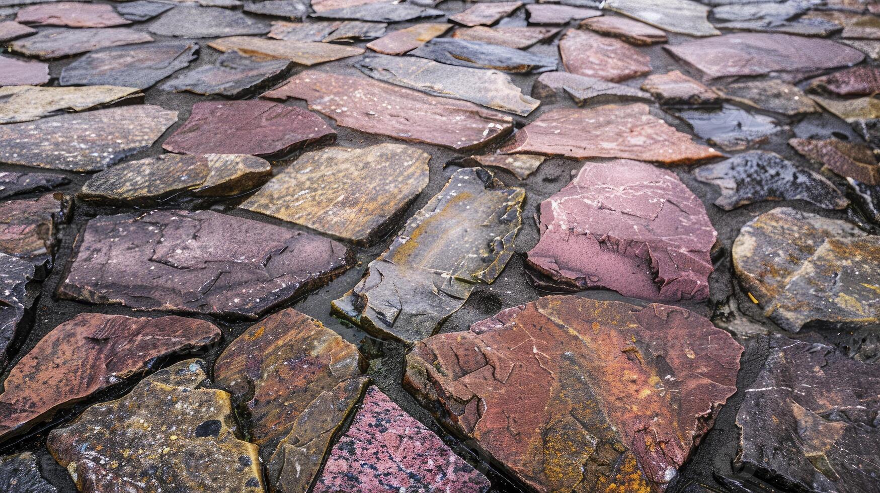 ai généré fermer de Extérieur sol fabriqué avec irrégulier porphyre dalles, création une Naturel et rustique esthétique photo