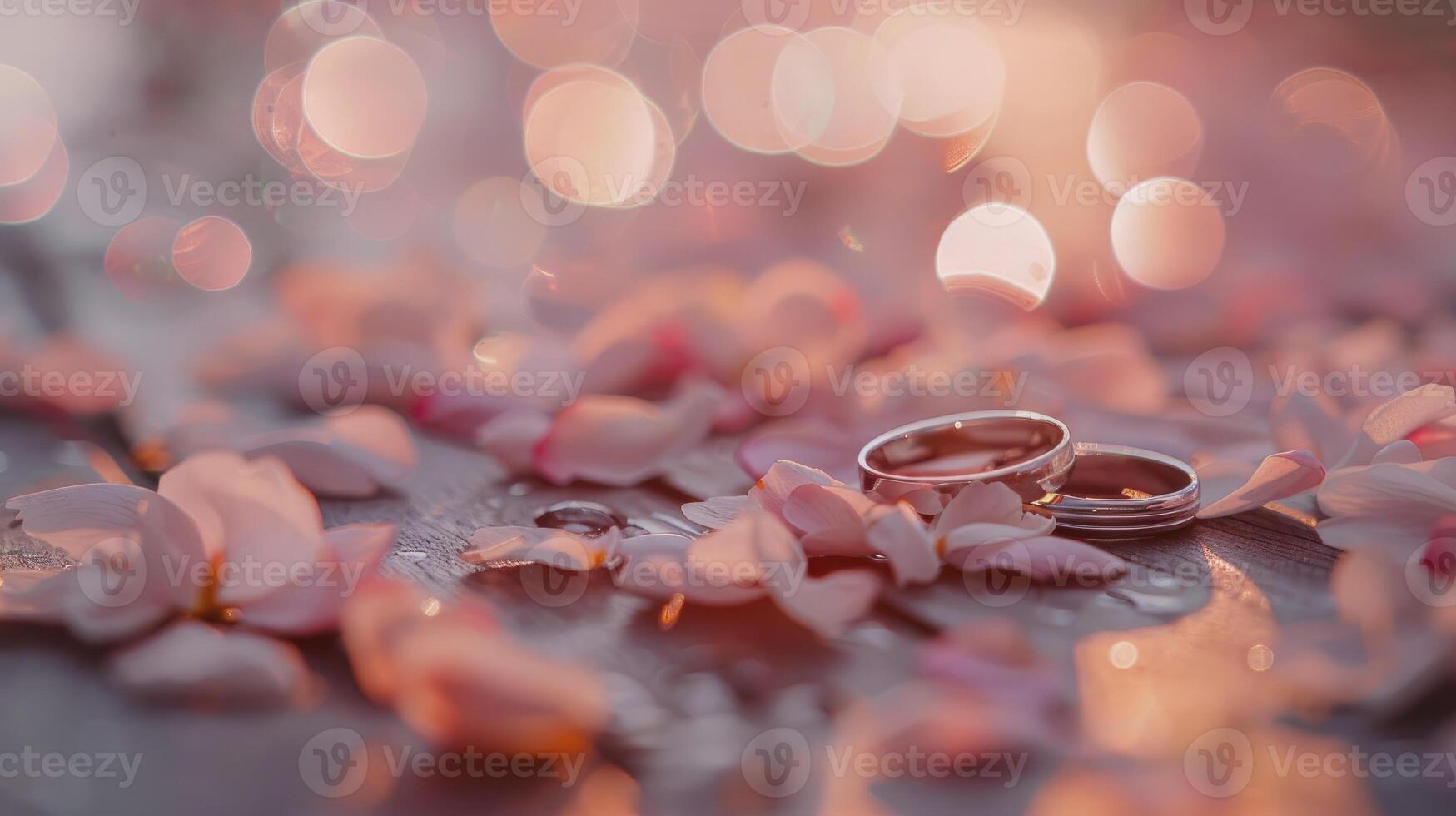 ai généré deux bague dans Cerise fleur sur en bois table bokeh Contexte photo