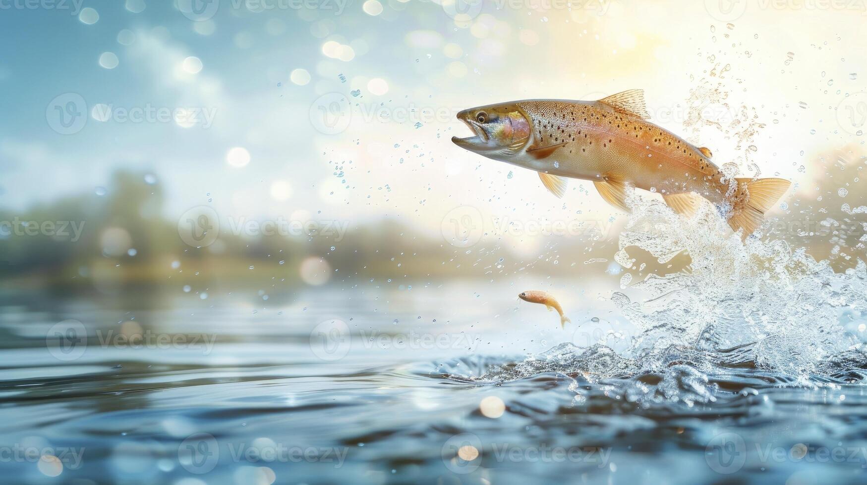 ai généré truite sauter en dehors de le l'eau. pêche concept photo