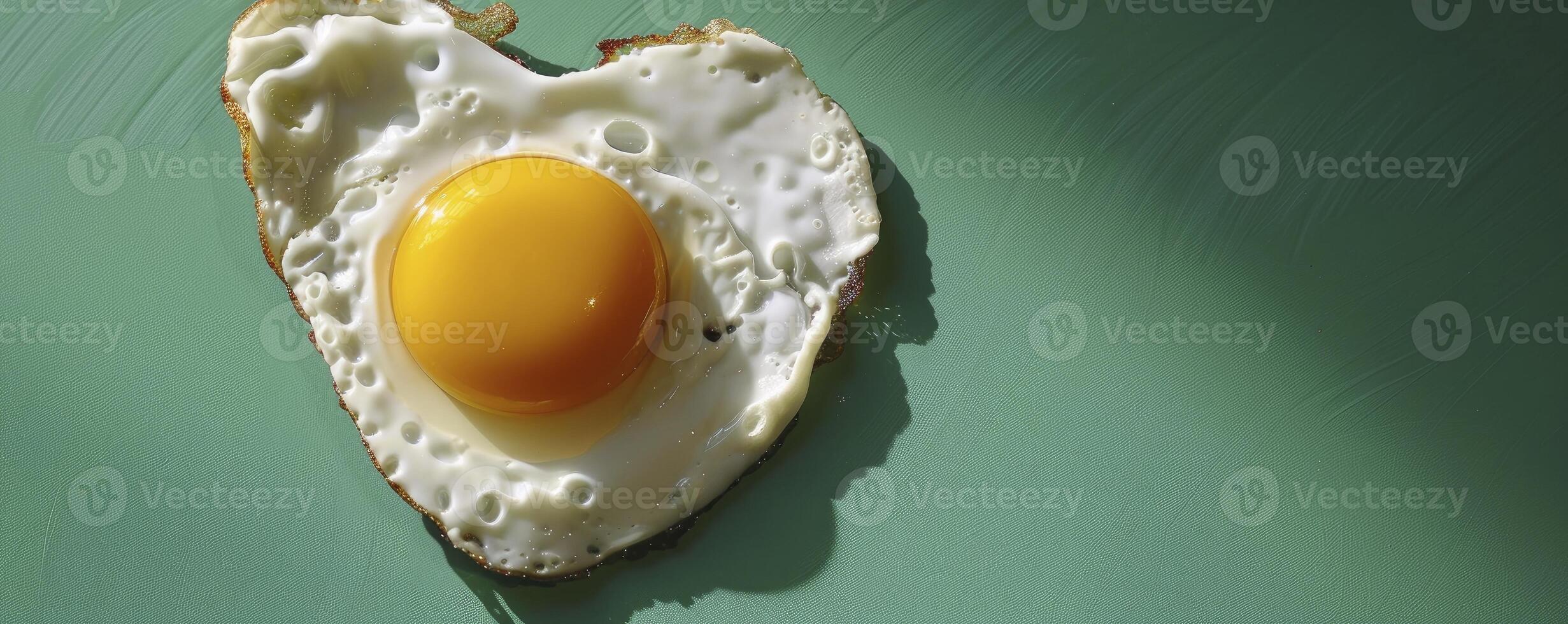 ai généré sincère petit-déjeuner, une en forme de coeur frit Oeuf prend centre étape contre une vibrant vert Contexte photo