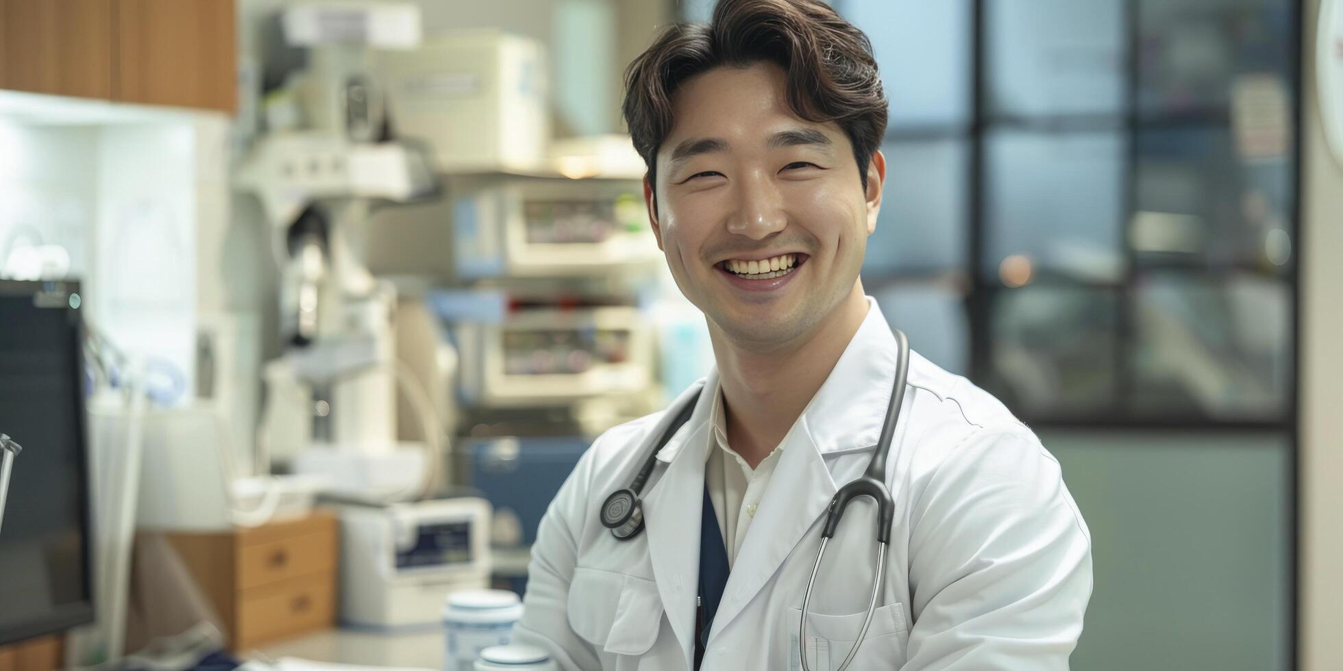 ai généré professionnel excellence, Beau 30 ans coréen médecin portant une sourire et stéthoscope, permanent dans une médecin Bureau à le hôpital au milieu de médical équipement photo